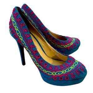 Gianni Bini Turquoise Multi Color Embroidered Embellished Peep Toe Pumps SZ 6.5
